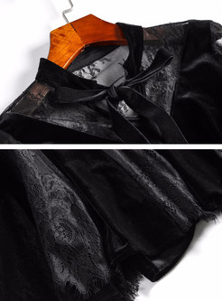Black Velvet Splicing Lace Slit Skater Dress