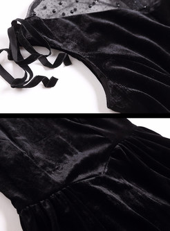 Black Mesh Stitching See Through Skater Dress