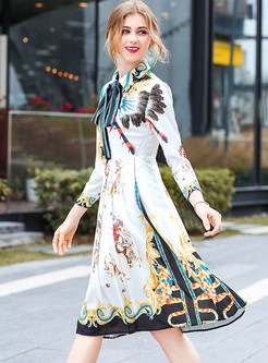 Fashion Print Lapel Bowknot Pleated Dress