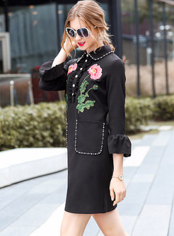 Nail Bead Embroidered Flare Sleeve A-line Dress