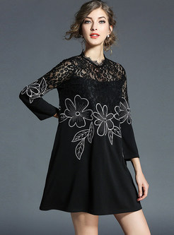 Black Lace Hollow Out Embroidered Shift Dress
