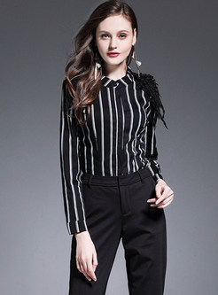 Brief Striped Patchwork Stand Collar Blouse