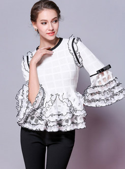White Sweet Flare Sleeve Splicing Blouse