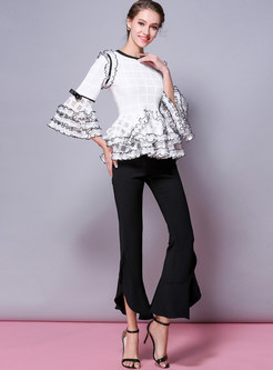 White Sweet Flare Sleeve Splicing Blouse