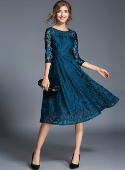 Blue Lace Hollow Out Embroidered Skater Dress