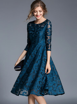 Blue Lace Hollow Out Embroidered Skater Dress