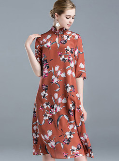 Floral Print Loose Silk Shift Dress