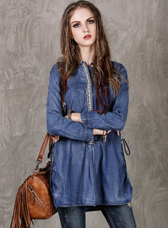 Denim Embroidery Stand Collar Blouse