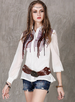 Brief Embroidery Stand Collar Blouse
