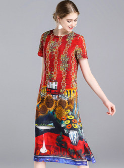 Causal Fashion Print Short Sleeve Silk Shift Dress