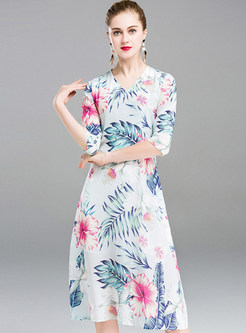 Ethnic Silk Flower Print Shift Dress