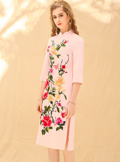 Pink Ethnic Embroidered Stand Collar Shift Dress