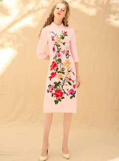 Pink Ethnic Embroidered Stand Collar Shift Dress