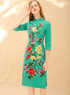 Dresses | Shift Dresses | Green Embroidered Improved Cheongsam Dress