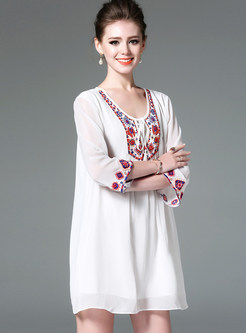 White Embroidered Loose Mini Shift Dress