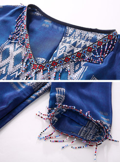 Ethnic Tassel Nail Bead Silk Shift Dress