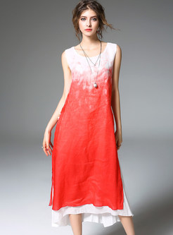 Red Gradient Stitching Loose Shift Dress
