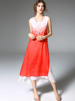 Red Gradient Stitching Loose Shift Dress