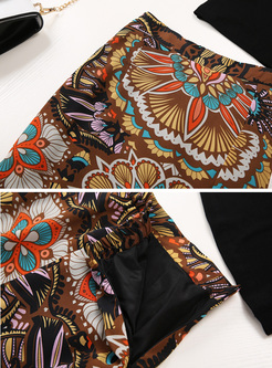 Black O-neck T-shirt & Ethnic Print Split Skirt