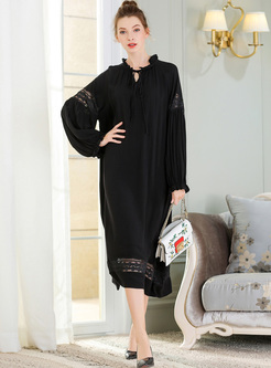 Black Stand Collar Hollow Lace Oversized Dress