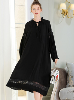 Black Stand Collar Hollow Lace Oversized Dress