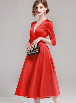 Red Gathered Waist Big Hem Party Dress