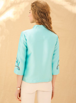 Green Stand Collar Embroidered Short Coat