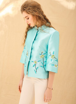 Green Stand Collar Embroidered Short Coat