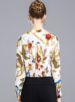 Stylish Flower Print Silk V-neck Blouse