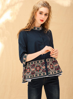Ethnic Embroidered Stand Collar Blouse