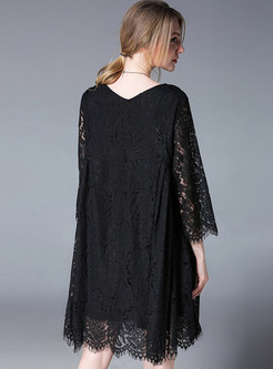Black Lace Loose Pleated Shift Dress