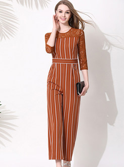 Striped Lace Hollow Out Jumpsuits