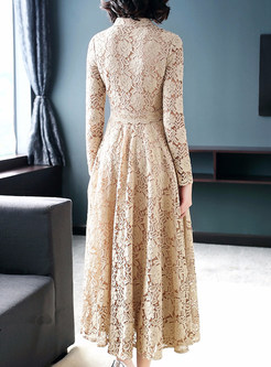 Apricot Belted Lace Hollow Out Maxi Dress