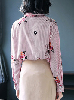 Pink Striped Embroidered Lapel Blouse