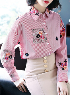 Pink Striped Embroidered Lapel Blouse
