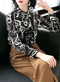Black Note Pattern Stand Collar Blouse