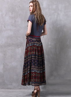 Ethnic Floral Print Short Sleeve Maxi Dress
