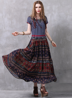 Ethnic Floral Print Short Sleeve Maxi Dress