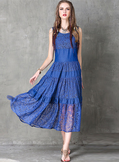 Blue Sleeveless Lace Slim Maxi Dress