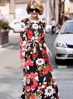 Street Flower Print Slim Maxi Dress