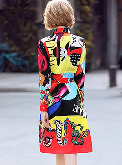Chic Multicolor Print Lapel A-line Dress