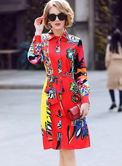 Chic Multicolor Print Lapel A-line Dress