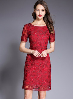 Wine Embroidered Short Sleeve Bodycon Dress
