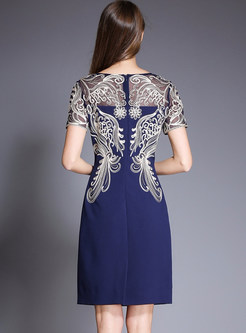 Navy Blue Vintage Embroidered Splicing Bodycon Dress