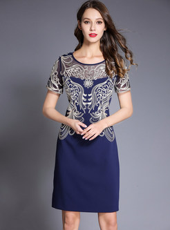 Navy Blue Vintage Embroidered Splicing Bodycon Dress