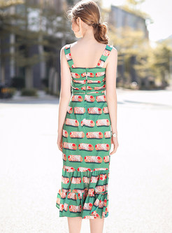 Hit Color Sleeveless Print Mermaid Dress
