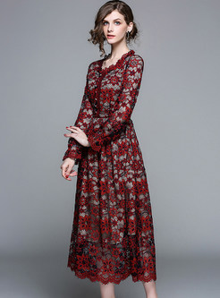 Hollow Out Embroidered Lace Maxi Dress