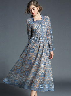 Blue Lace Embroidered Maxi Dress