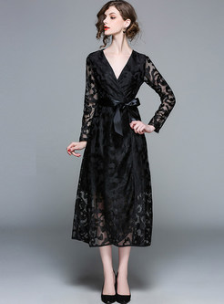 Black V-neck Embroidered Lace Maxi Dress