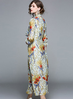 Chiffon Print Belted Falbala Maxi Dress